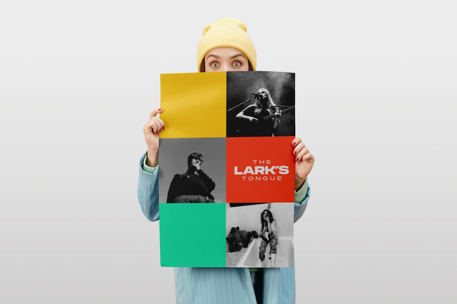 Woman holding a poster showcasing The Lark's Tongue branding